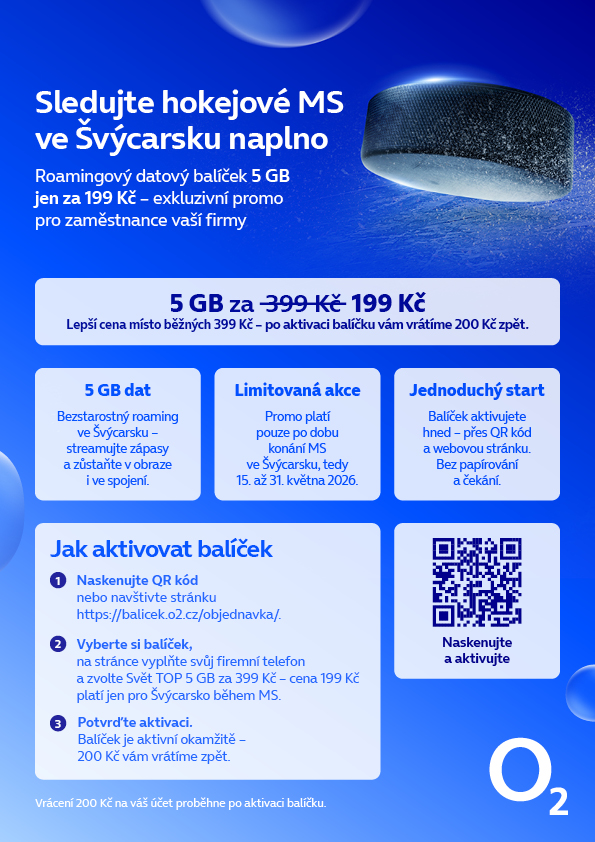 MS v hokeji 2026 - roamingový balíček od O2 5G pro zaměstnance