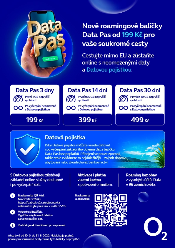 leták k Data Pas, kde je QR kód pro aktivaci v Moje O₂