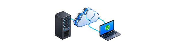 3D ikona serveru, cloudu a laptopu